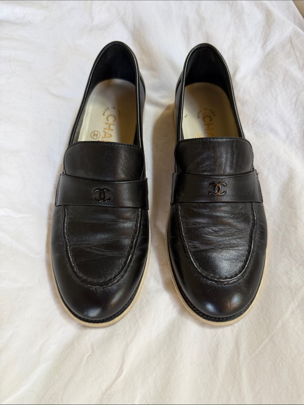 CHANEL Black Leather Loafers with CC Accent